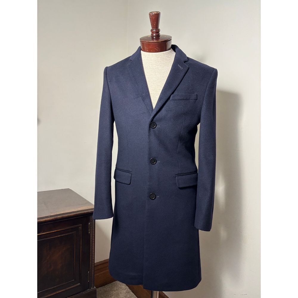 Designer Made in EU H&M Navy Blue Wool Long Coat Classic Overcoat 34R NWOT